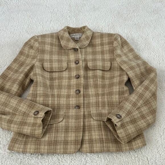 Jones New York Jackets & Blazers - Jones New York Womens Biege Plaid Blazer Wool Blend Size 8 Preppy Soft Core
